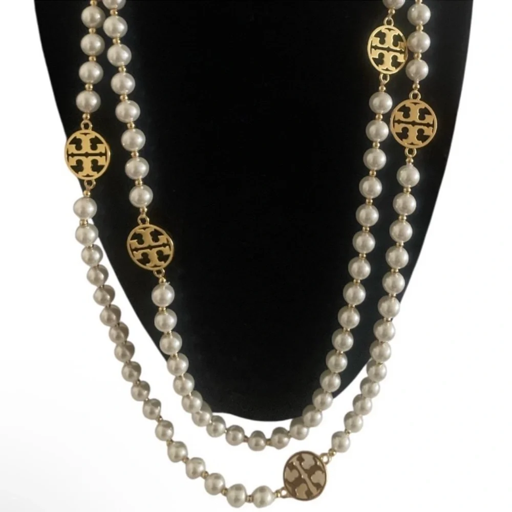 Tory Burch single strand Evie small beads pearl logo long necklace $198 NWT